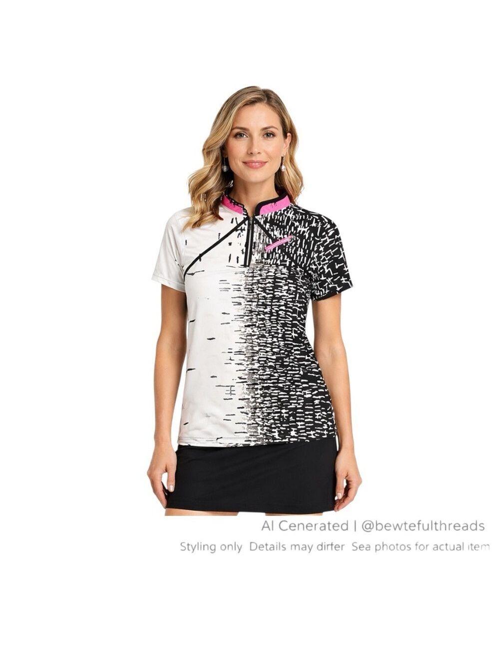 Jamie Sadock Black White Abstract 1/4 Zip Stretch Golf Top M
